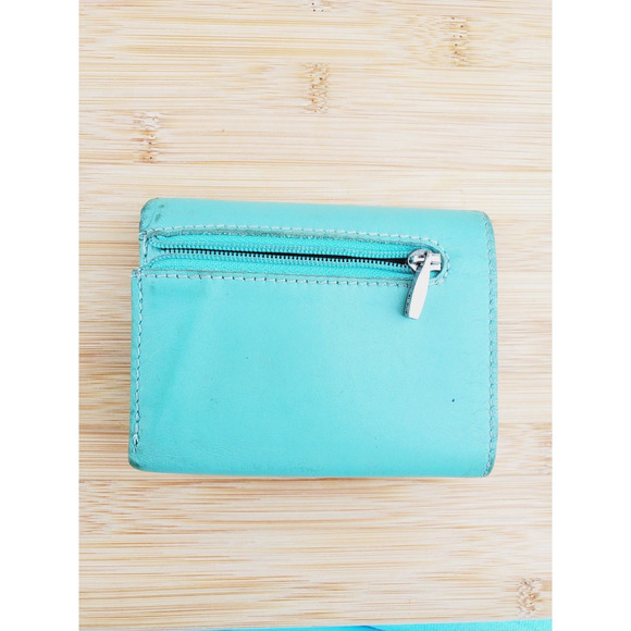 Tumi Tri Fold Leather Wallet Green Blue Card Carrier Organizer Zipper Pocket - Picture 6 of 9